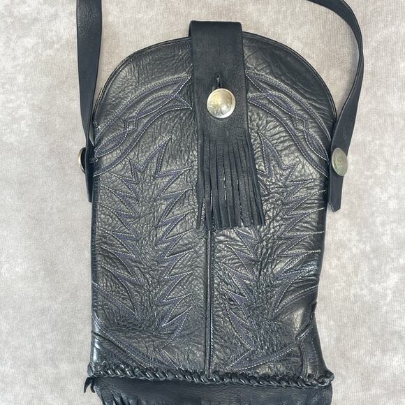 Vtg Black Leather Western Boot Fringe Crossbody Purse Indian Coin Blue Stitching - Picture 2 of 12
